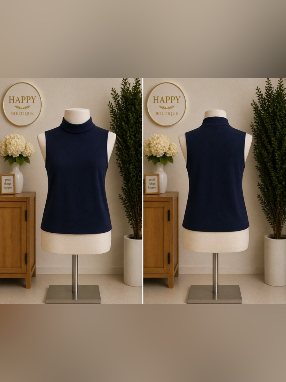 Women’s Ribbed Sleeveless Mock Neck Top – Navy Blue Size X Large